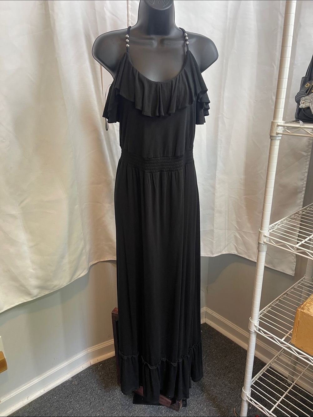 MICHAEL Michael Kors Black Ruffled Strap Maxi Dress
